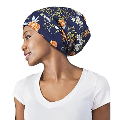 Image de Bonnet de nuit doublé en satin pour cheveux crépus, noir motif étoile