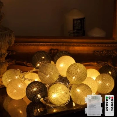 Image de Ciskotu Guirlande Lumineuse Coton Boules Alimenté par pile, 20 LED Dimmable Boule avec Télécommande, Intérieur pour Chambre Enfant Noël Fête (Gris)