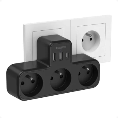 Image de TESSAN Multiprise Murale Française 3 Sortie AC et Ports USB, 6 en 1 Chargeur USB C 4000W, Prise Multiple pour la Maison, Bureau, Compatible avec Phone, Portable, Noir