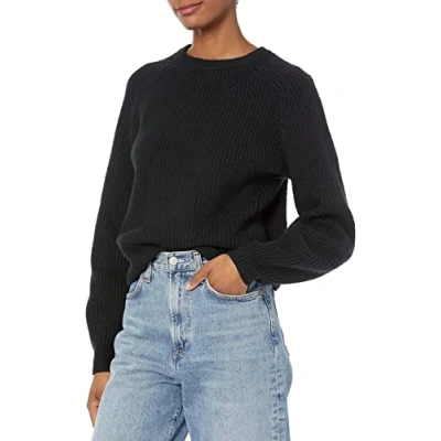 Image de Amazon Essentials Pull over côtelé à col ras du cou Femme, Noir, S