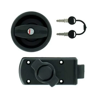 Image de Serrure Noire à Bouton pour Porte de Caravane avec Ouverture Droite + Barillet &amp; clés