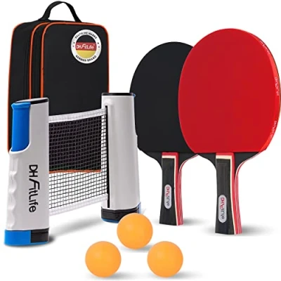 Image de DH FitLife Set de Raquettes Tennis Table pour 2 Joueurs avec Filet Mobile Extensible, 3 balles ping Pong et Sac Rangement, kit
