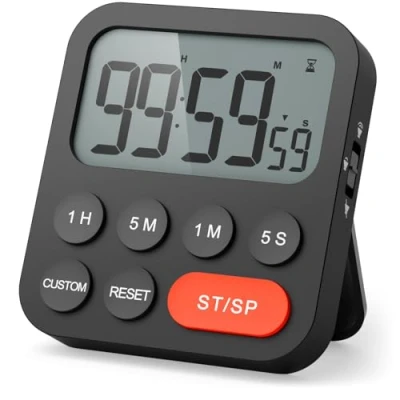 Image de LIORQUE Minuteur de Cuisine, Minuterie Digital Chronomètre et Compte à Rebours avec Mode Personnalisé, 3 Niveaux Volume pour Examen, Réunion, sans Bruit 2 Piles AAA Noir