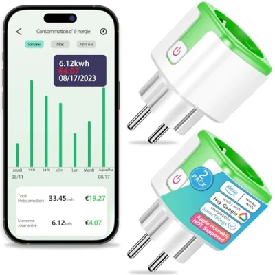 Image de SURFOU Prise Connectée VeSync, Compteur de Consommation électrique, Minuteur Smart Compatible avec Amazon Alexa et Google Home, Commande Vocale, VeSync APP Télécommande, 16A, Type F (2 Packs)