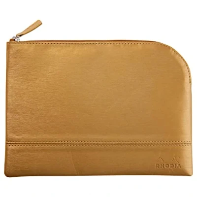 Image de RHODIA 116617C Pochette Zippée en Simili Cuir Or Taille M (16 x 22 cm) Coutures Véritables Intérieur Tissu Orange Rangement Documents, Petites Fournitures