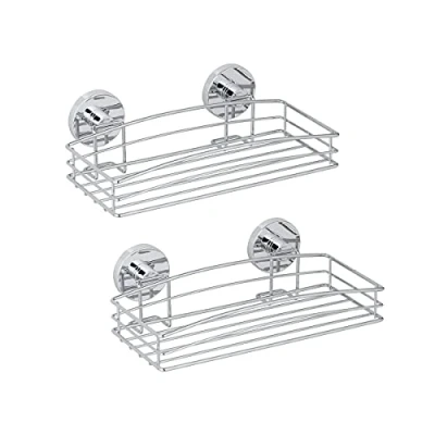 Image de WENKO Lot de 2 étagères Douche murales Système Fixation Vaccum Loc® sans perçage et repositionnable Trace Inclus Supporte jusqu&#039;à 33kg Charge 26 x 6,5 14 cm Argent
