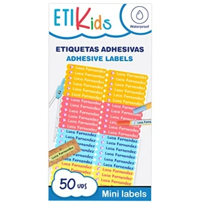 Image de 100 Autocollants personnalisés pour marquer les crayons et stylos. en vinyle imperméables colorés enfants à l&#039;école la maternelle. Dimensions 4,6 x 0,6 cm (100 ADH MINI)