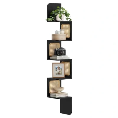 Image de VASAGLE Étagère d’Angle, Murale Flottante à 5 Niveaux, d’Angle en Zigzag, Côtés Rotin PVC, Gain de Place, pour Cuisine, Chambre, Salon, Style Boho, Noir Cendré LLS582B21