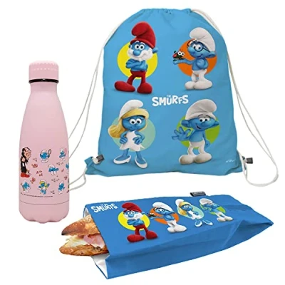 Image de Nerthus FIH 1078 Set sac à dos + sandwich bouteille double paroi 350 ml Schtroumpfs
