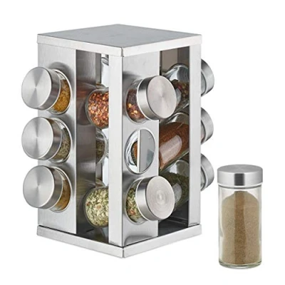 Image de Relaxdays Tourniquet à épices, avec 12 Pots, étagère rotative 360, INOX, Verre, manège, H x D 22 19 cm, Argent 10032729