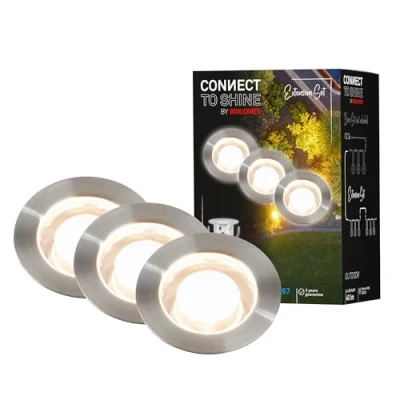 Image de BRILONER Système de jardin Connect to Shine 12V, lot 3 spots LED encastrables au sol, kit d&#039;extension, IP67, lumière blanc chaud, éclairage jardin, 30x26 mm, argent