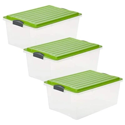 Image de Rotho Compact Ensemble de 3 boîtes rangement 38l avec couvercle, Plastique (PP) sans BPA, transparent/vert, x A3/38l (57.0 40.0 25.0 cm)