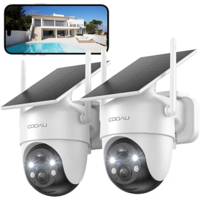 Image de COOAU 2K Camera Surveillance WiFi Exterieure sans Fil Caméra Solaire 3MP 360 PTZ, Wi FI 6, Recharge Basse Luminosité, Détection PIR Intelligente, Appairage Bluetooth, 2.4 GHz, IP66, 2 Paquets