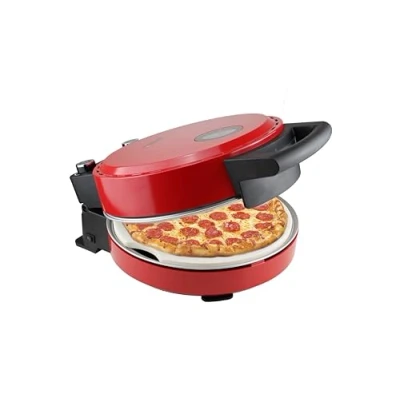 Image de Bestron four à pizza, pour des pizzas croustillantes en 5 10 minutes, pizza électrique avec une temperature de 320C, y compris réfractaire pierre et 2 grandes spatules bois, couleur: Rouge