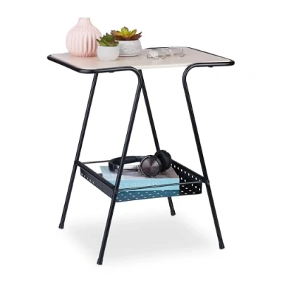 Image de Relaxdays Table d’appoint avec porte revues, cadre en métal, plateau MDF aspect bois, HLP : 55x45x35 cm, noir/nature