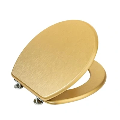 Image de WENKO siège WC Aldeno Gold matt, de toilette en MDF avec fixation acier inoxydable, feuilleté, structure bois discrète, couvercle : 37 x 41 cm