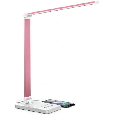 Image de Lampe de Bureau LED, Lampes Dimmable 5 Modes Couleur 10 Niveaux Luminosité, Flexible Contrôle Tactile Protection des Yeux, chevet Avec Port USB et Fonction Minuterie (Rose)