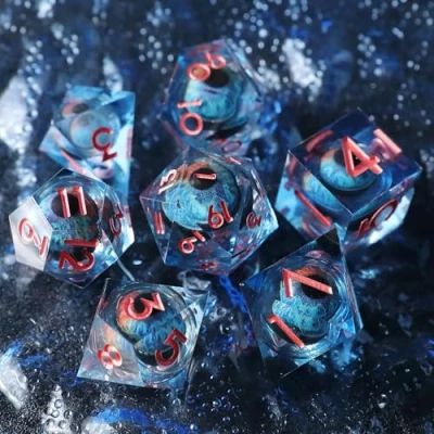 Image de Elifel Set de Dés DND Dragon Eye Résine Polyédriques Sharp Edge Dice 7 pièces Faits à la Main pour Donjons D4 D6 D8 D10 D12 D20 D% et Dragons Ttrpg Pathfinder RPG Jeu Role avec Boîte Cadeau