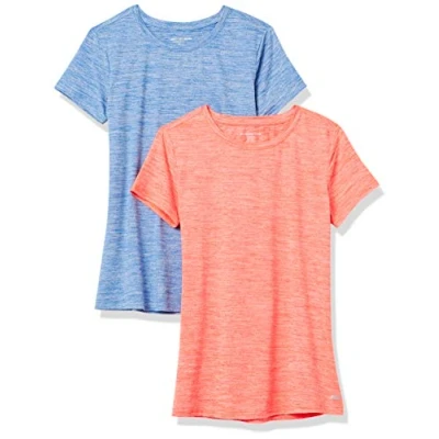 Image de Amazon Essentials T shirt à manches courtes et col rond Tech Stretch (disponible en grande taille) Femme, Lot de 2, Bleu Clair Teinture Spatiale/Orange Corail Spatiale, XXL