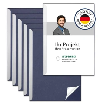 Image de STRATAG Lot de 6 rails serrage avec couvercle transparent en plastique PP et reliures carton solide 375 g/m² (porte documents A4 bleu marine)