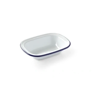Image de HENDI plat rectangulaire en acier émaillé blanc, avec bord bleu, de cuisson, à four, 175x130x(H)40mm