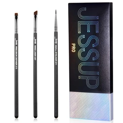 Image de Jessup Pinceaux Eyeliner,3pcs Set Professionnels Maquillages Eye Liner Précision Pointe Fine Coudé Gel Fin Liquide Plat Ailé Pinceau Eyeliner,Noir T346