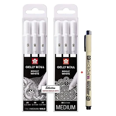 Image de SAKURA Gelly Roll Blanc, 3 stylos Bright White dans un étui, Mix Size 05/08/10 + Lot de Basic, blanc 08 1