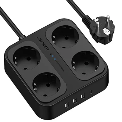 Image de JSVER Multiprise Parasurtenseurs USB 4 Prises avec 3 Ports A+1 C Chargeur (5V3,4A) Multiprises parafoudre et surtension Cable 1,8m pour Smartphone, Maison, Bureau Noir