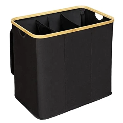 Image de WENKO Panier à linge 3 compariments ECORI Capacité 3x35L Bac sale avec couvercle Bambou et Polyester 57 x 50 37