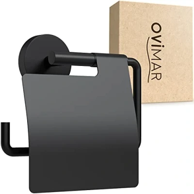 Image de ovimar Porte Rouleau de Papier Toilette Heroya à percer Noir adhésif en Acier Inoxydable avec Couvercle WC Amortisseur d&#039;abaissement pour