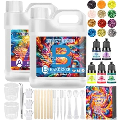 Image de BGIUSQF Resine Epoxy Transparente, 1016 ml Epoxy, 1:1 Ratio Kit Complet Débutant, Avec Peinture, Bâton, Pince à épiler, Paillettes, Pour La DIY Artisanale, Porte clés