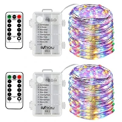 Image de BXROIU 2 x50LEDs Guirlande Lumineuse batterie par 5 Mètres Micro Argent Câble 3AA Opération a pile étanche avec télécommande 8 Programme (Multicolore)