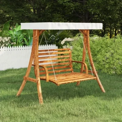 Image de vidaXL Cadre de balançoire avec toit crème Bois courbé à finition teck, Brun, polyester