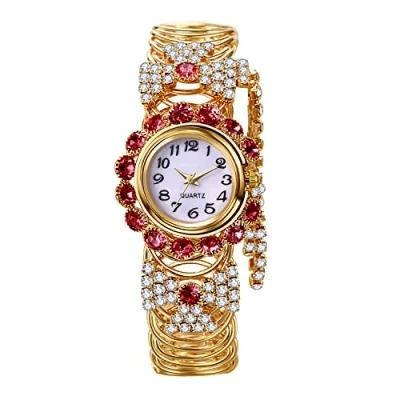 Image de JewelryWe Montre Femme en Cuivre,Montre Bracelet Elastique Analogique Quartz,1Atm Etanche,Montre Rond Classique,Cadran Incrustée de Strass,Bracelet Extensible pour et Fille