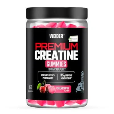 Image de Weider Premium Creatine Gummies (60 gommes) Goût Cerise, avec 3,5g Créatine Monohydrate 100% Creapure/dose, aide à augmenter la performance physique (20 portions)