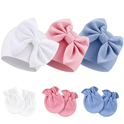 Image de DRESHOW Bonnets de Naissance et Moufles Protection Bébé Gants Bonnet Nouveau né Bambin Doux Mignon Tricoté Chapeau 0 6 Mois, 3 sets: Bow hats &amp; mittens Set78 04UK
