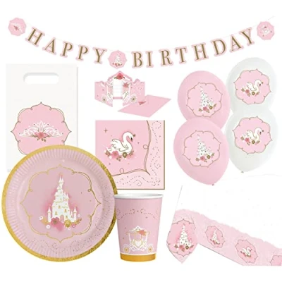 Image de amscan 9907569 66 Kit 56 pièces Vaisselle jetable &amp; décoration, Princesse, Cygne Motif château Anniversaire d&#039;enfant Fête à thème, Multicolore