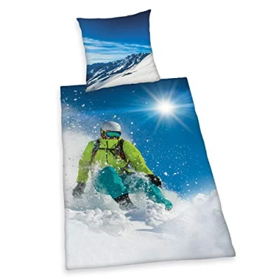 Image de Herding Parure de Lit Young Collection, Motif Réversible Ski, Taie d&#039;Oreiller 80 x cm, Housse Couette 135 200 Avec Fermeture Éclair Facile à Utiliser, Coton/Renforcé