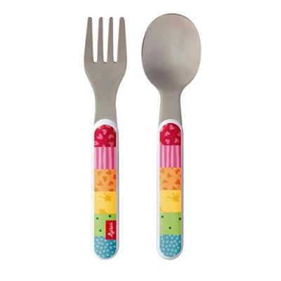 Image de sigikid, 24870 Enfant Mixte Couverts de Table Fourchette + Cuillère, Inox et Plastique ABS, Rainbow Rabbit Multicolore, 14 cm