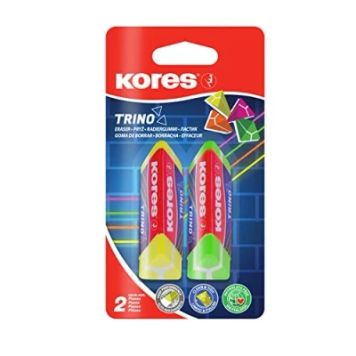 Image de Kores Trino : Gommes Triangulaires Colorées en PVC avec Pochette Papier, Non Toxiques et Adaptées aux Enfants, Fournitures Scolaires de Bureau, 60 x 20 18 mm, Paquet 2 4 Couleurs Fluo