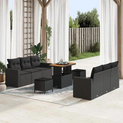 Image de Set de Canapé Jardin vidaXL 9 Pièces avec Coussins Noir Rattan Poly Acacia, Dîner 3 3361569