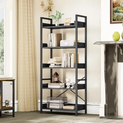 Image de YITAHOME Bibliothèque à 5 Niveaux, étagère Livres au Sol, en Bois et étagères Cadre Acier Stable avec 4 Crochets, de Rangement Industrielle pour Salon, Bureau Domicile, Noir
