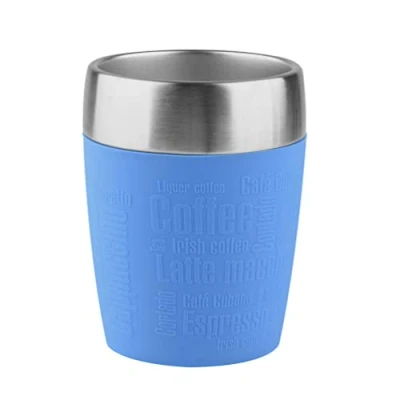 Image de Emsa 514515 TRAVEL CUP tasse isotherme, mug avec couvercle, revêtement silicone, 200ml, Bleu maritime