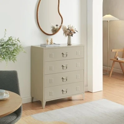 Image de [en.casa] Commode Métallique avec 4 Tiroirs Casier de Bureau Caisson Compartiments Fermés Meuble Rangement Industriel Acier 92 x 80 40 cm Camel