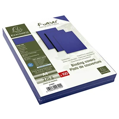 Image de Exacompta Réf. 2790C Paquet de 100 plats en carte rigide recyclée grain cuir 270g/m2 pour couvertures Forever format à classer A4 certifiés Ange bleu couleur foncé