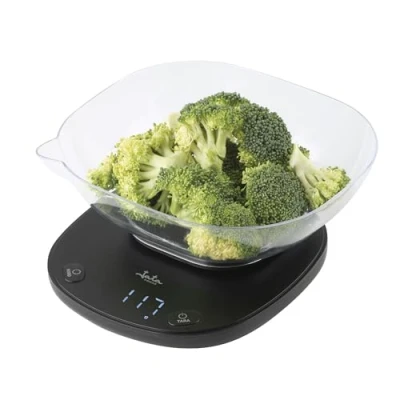 Image de JATA HOGAR HBAL1709 Balance de cuisine numérique avec bol 1 l, jusqu&#039;à 5 kg, fonction tare, indicateur surpoids et batterie faible, dimensions 17 x 21,5 8,5 cm