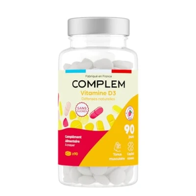 Image de Vitamine D3 Naturelle Haute Concentration 2000 UI 100% Dose Journalière Recommandée Fabriqué en France 90 Comprimés Goût Fraise Cure de 3 Mois
