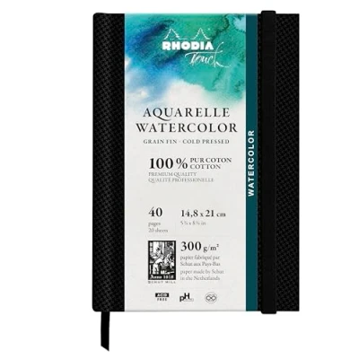 Image de RHODIA TOUCH 116140C Carnet aquarelle 100 % coton grain fin 300 g/m² A5 portrait 40 pages non microperforées Brochure rigide Watercolor Book