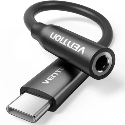 Image de Câble adaptateur Vention Biiba, USB-C vers jack 3,5 mm, longueur 10 cm, couleur argent. Taille unique