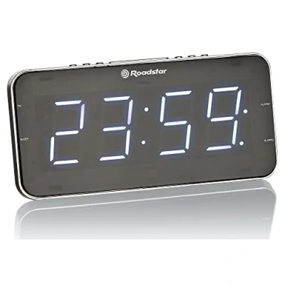 Image de Roadstar CLR 2615 Radio Réveil FM PLL, 2 Alarmes, Grand Écran LCD, Fonction Snooze, Minuterie d&#039;Arrêt, Design Extra Plat, Noir/Argent